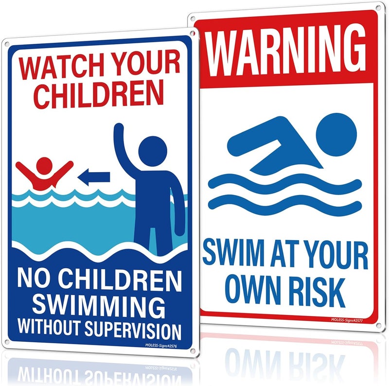 MOLESS 2 Pack Pool Safety Signs Bundle – 12x8 Inch Pool Signs for Outside Outdoor Decor, Watch Your Children & Swim at Your Own Risk, Durable 0.040 Aluminum Weatherproof, Easy to Mount, PSP-2503 - Image 1